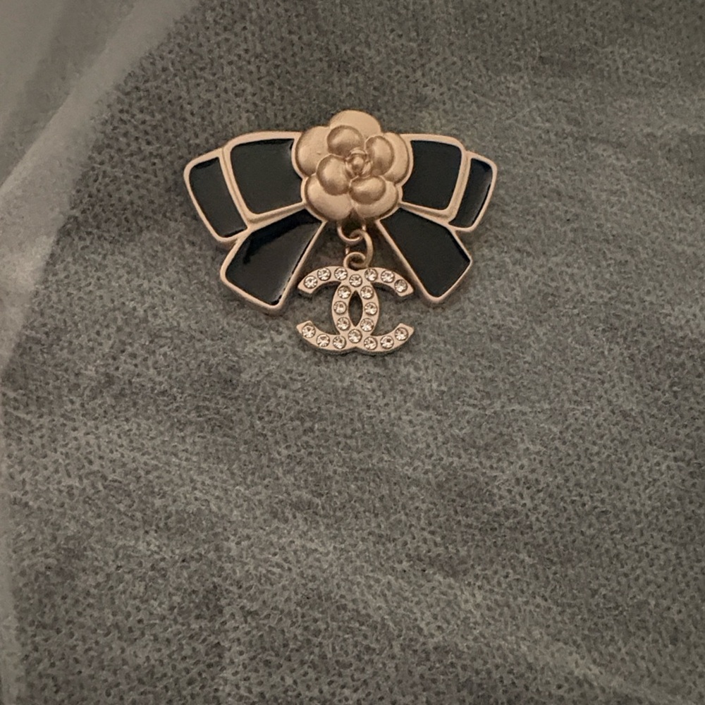 Black Enamel Bow Brooch with Gold Camellia and Crystal CC Charm